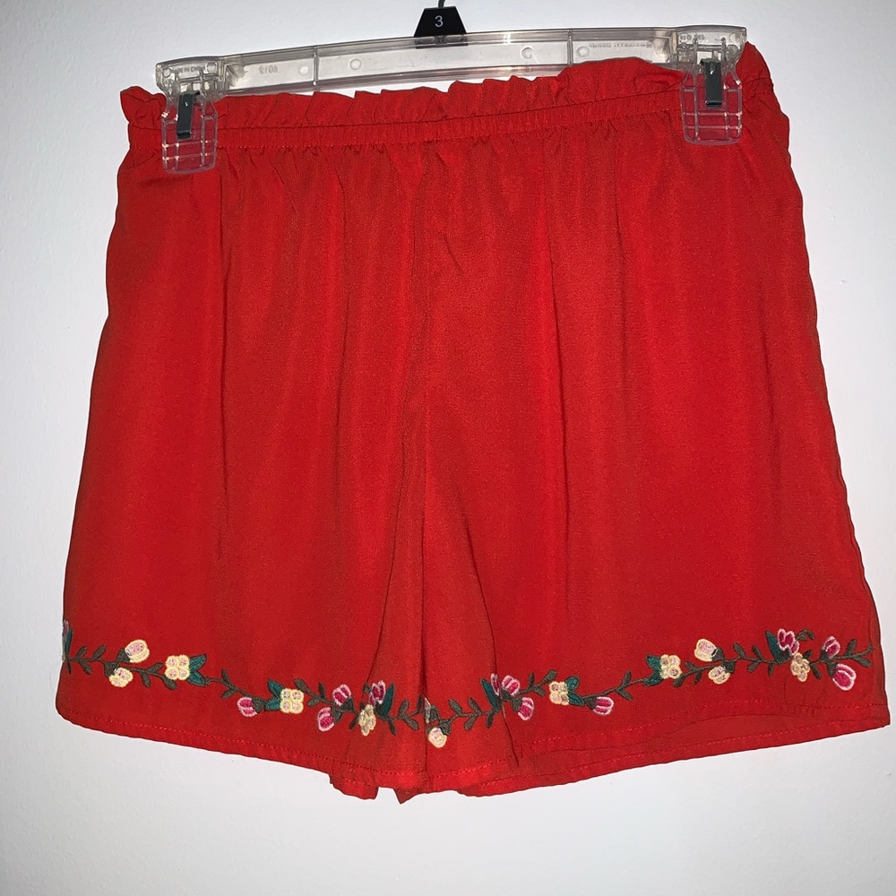 Red floral embroidered shorts